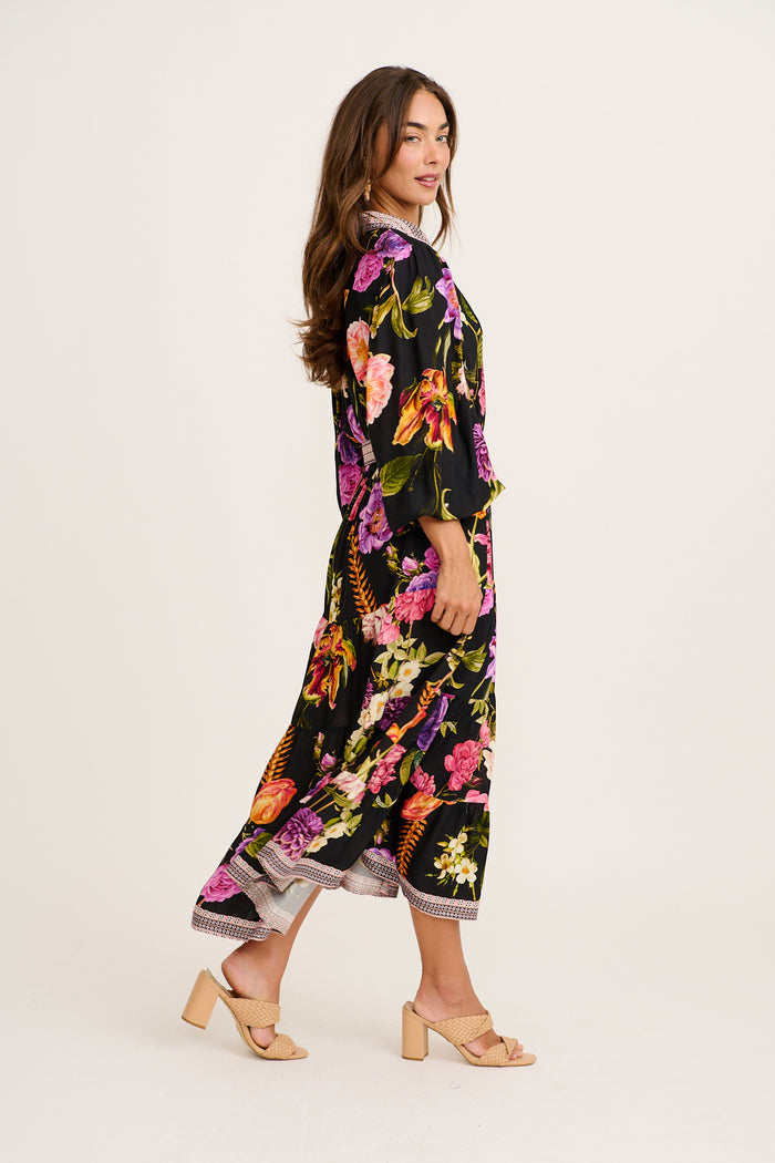 Evening Serenade Maxi Dress in Black with Multi Floral side
