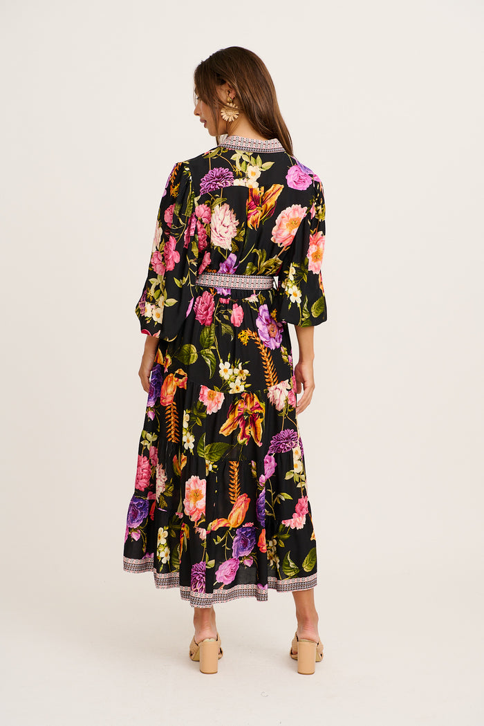 Evening Serenade Maxi Dress in Black with Multi Floral back