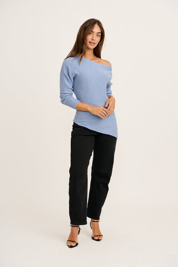 Cloud One Shoulder Knit in Light Blue full length