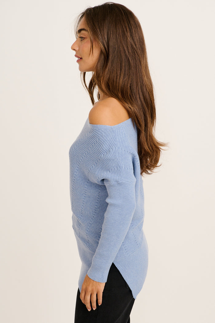 Cloud One Shoulder Knit in Light Blue side