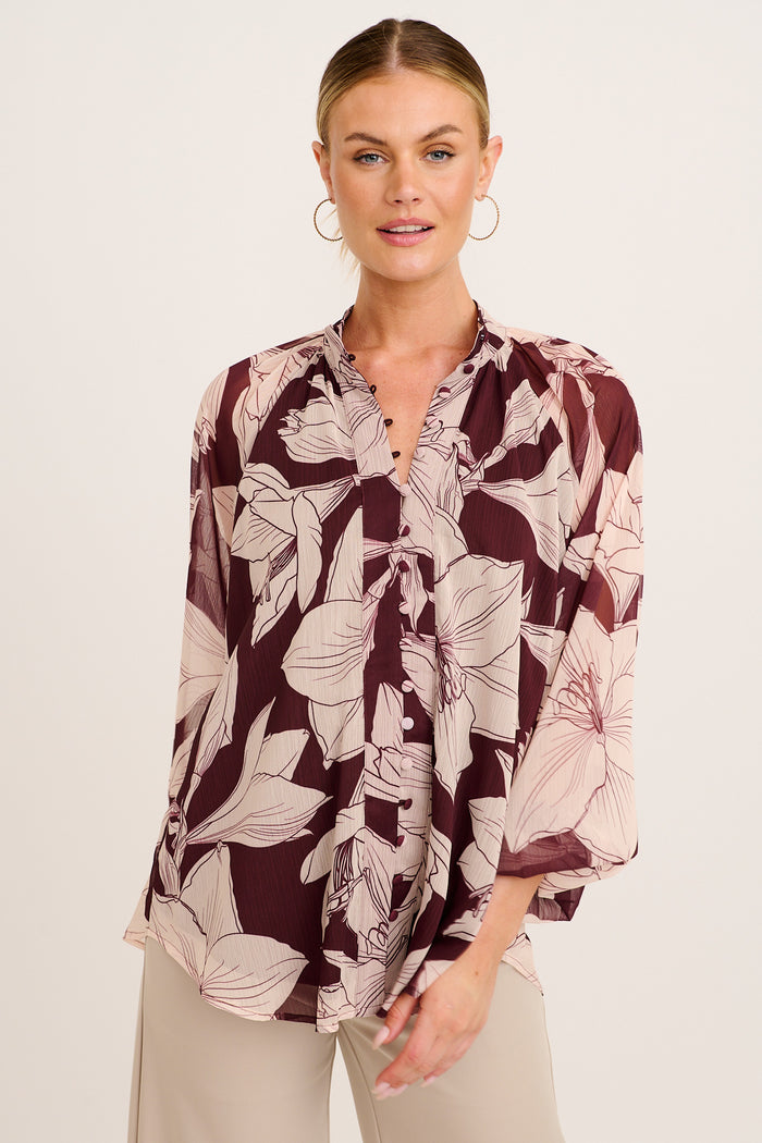 Melina Top in Burgundy and Cream Floral Chiffon