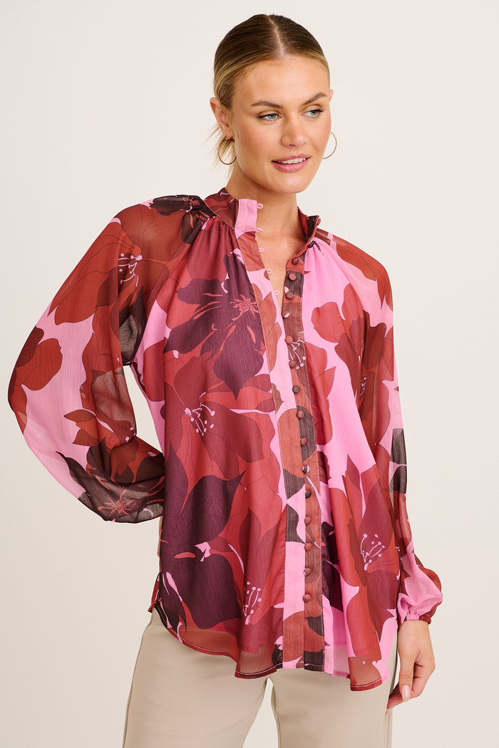 Melina Top in Pink and Red Floral Chiffon