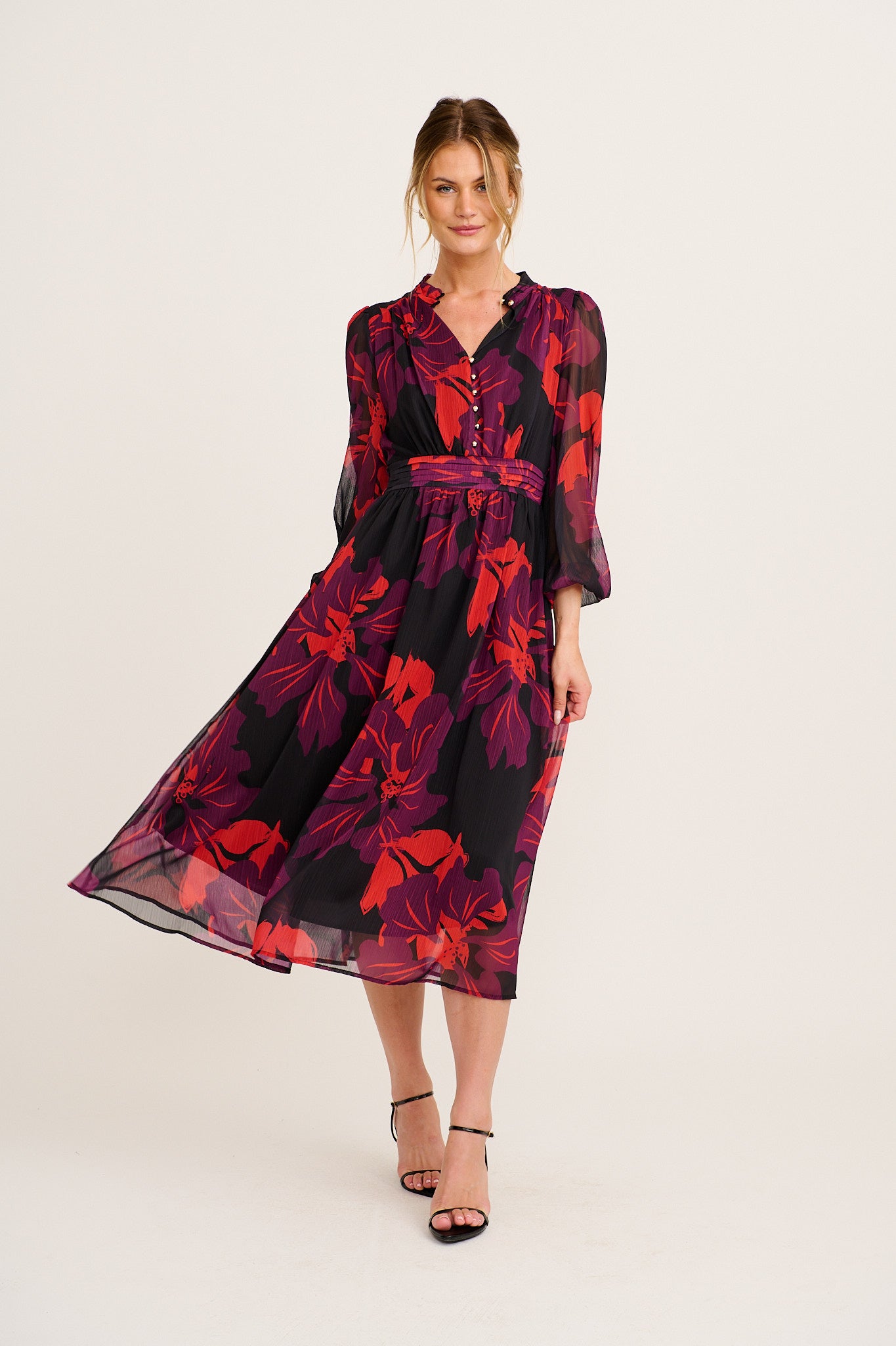 Lustre Midi Dress In Black with Multi Red Floral Chiffon full length