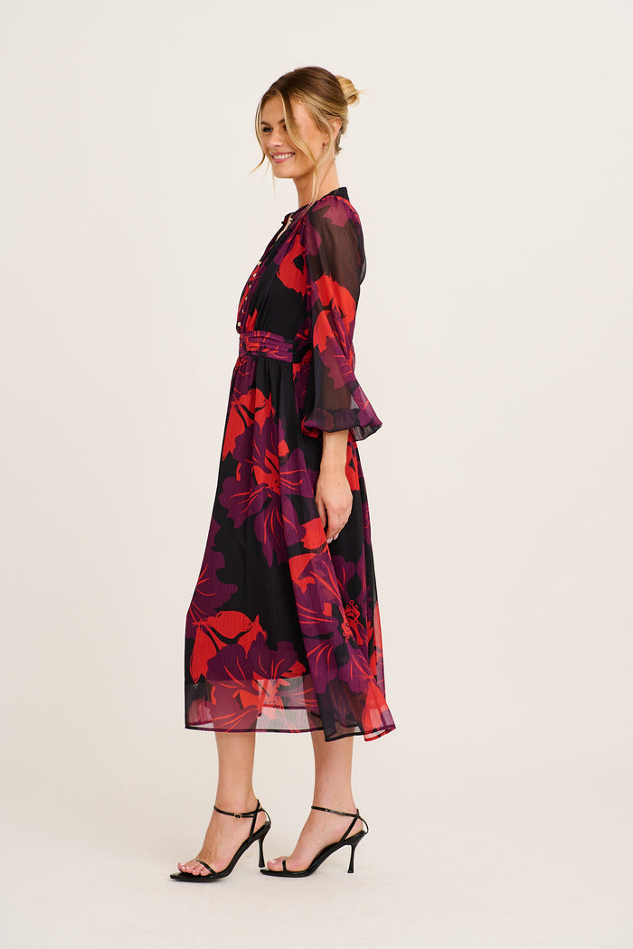 Lustre Midi Dress In Black with Multi Red Floral Chiffon side