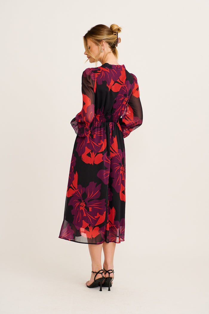 Lustre Midi Dress In Black with Multi Red Floral Chiffon back