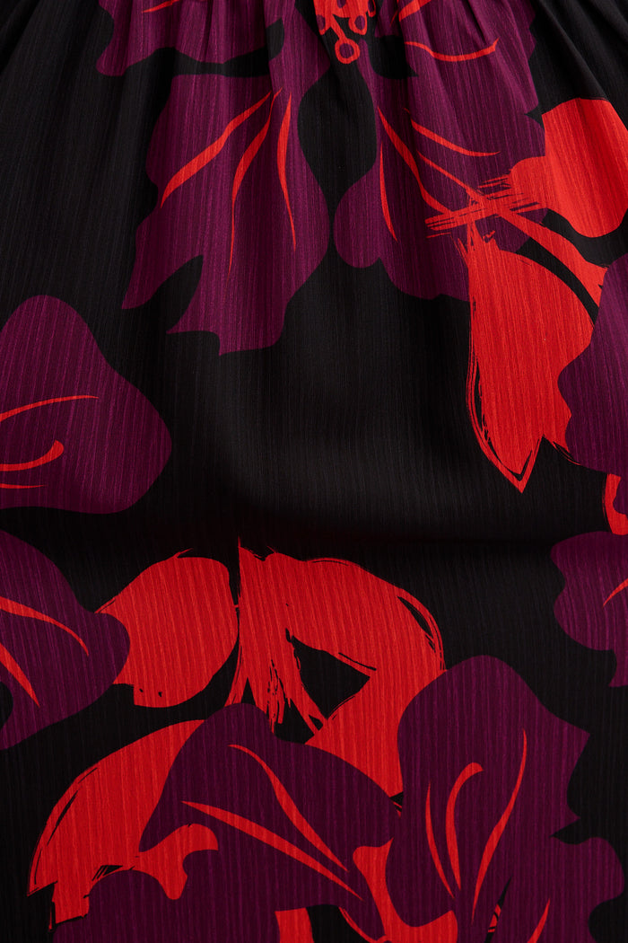 Lustre Midi Dress In Black with Multi Red Floral Chiffon fabric