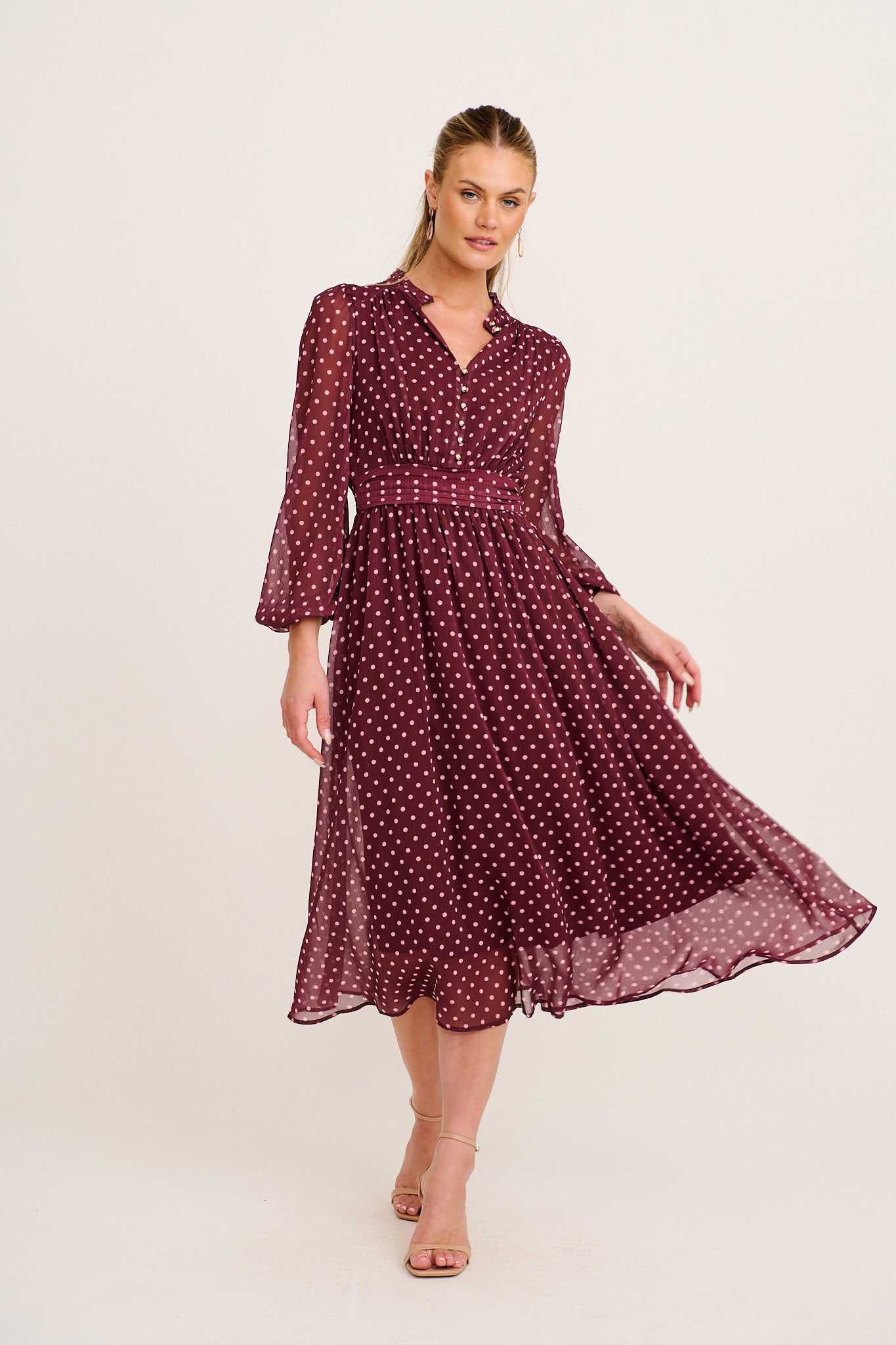 Lustre Midi Dress In Burgundy Polka Dot Chiffon full length