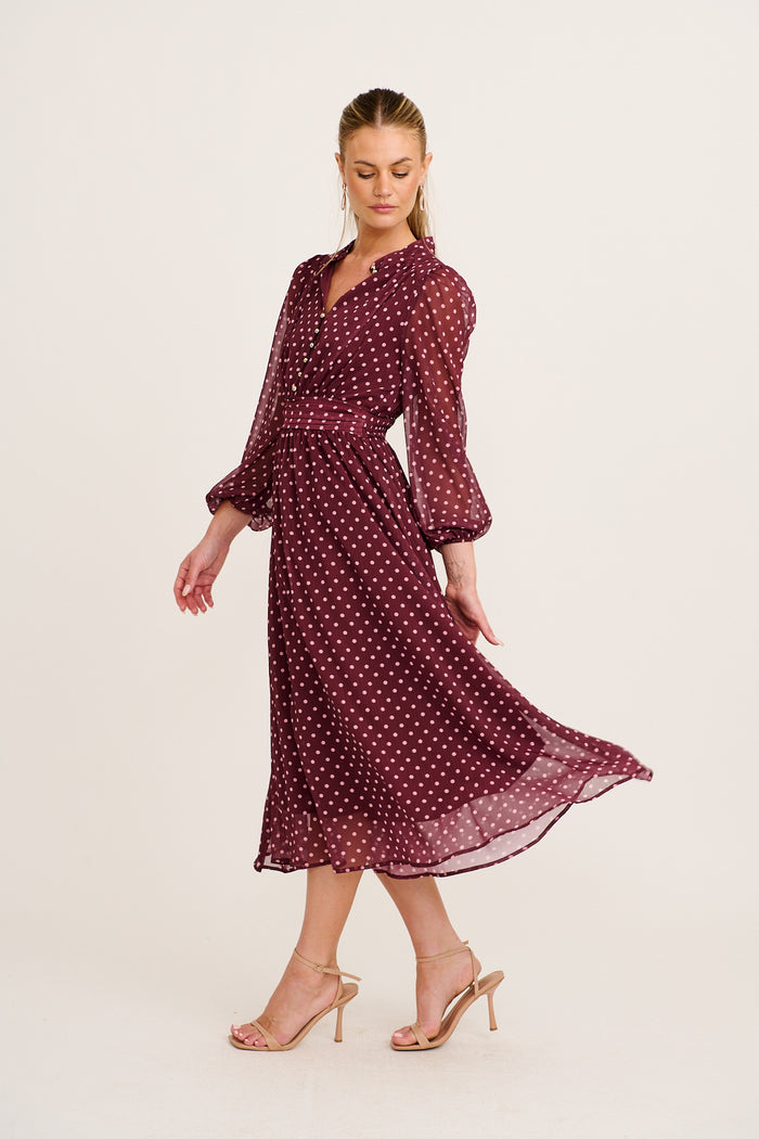Lustre Midi Dress In Burgundy Polka Dot Chiffon side
