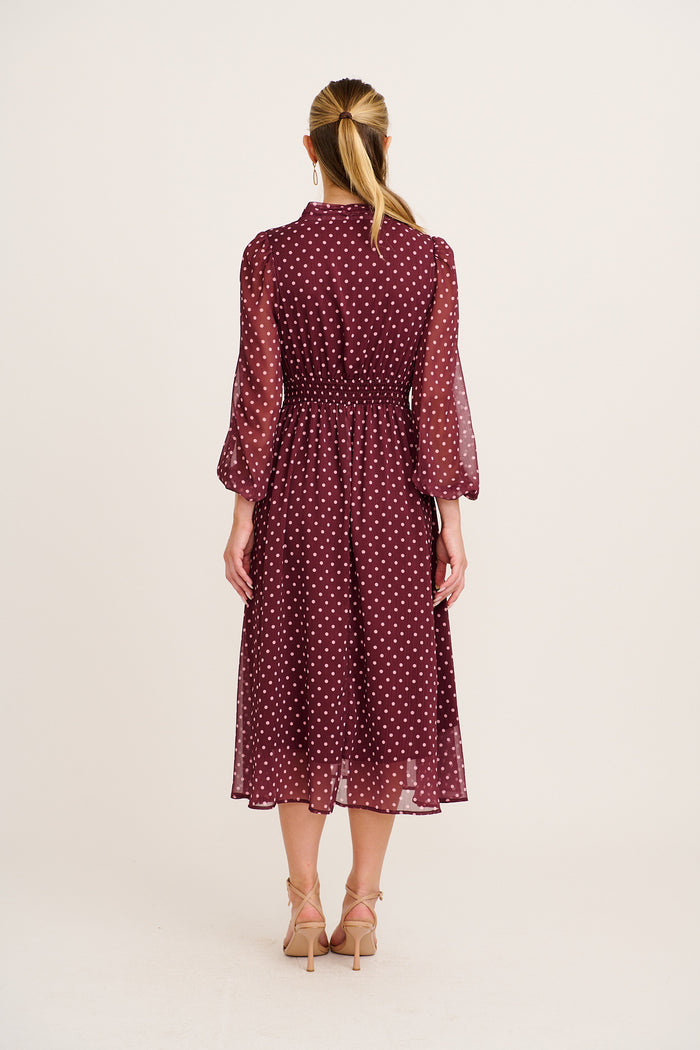 Lustre Midi Dress In Burgundy Polka Dot Chiffon back