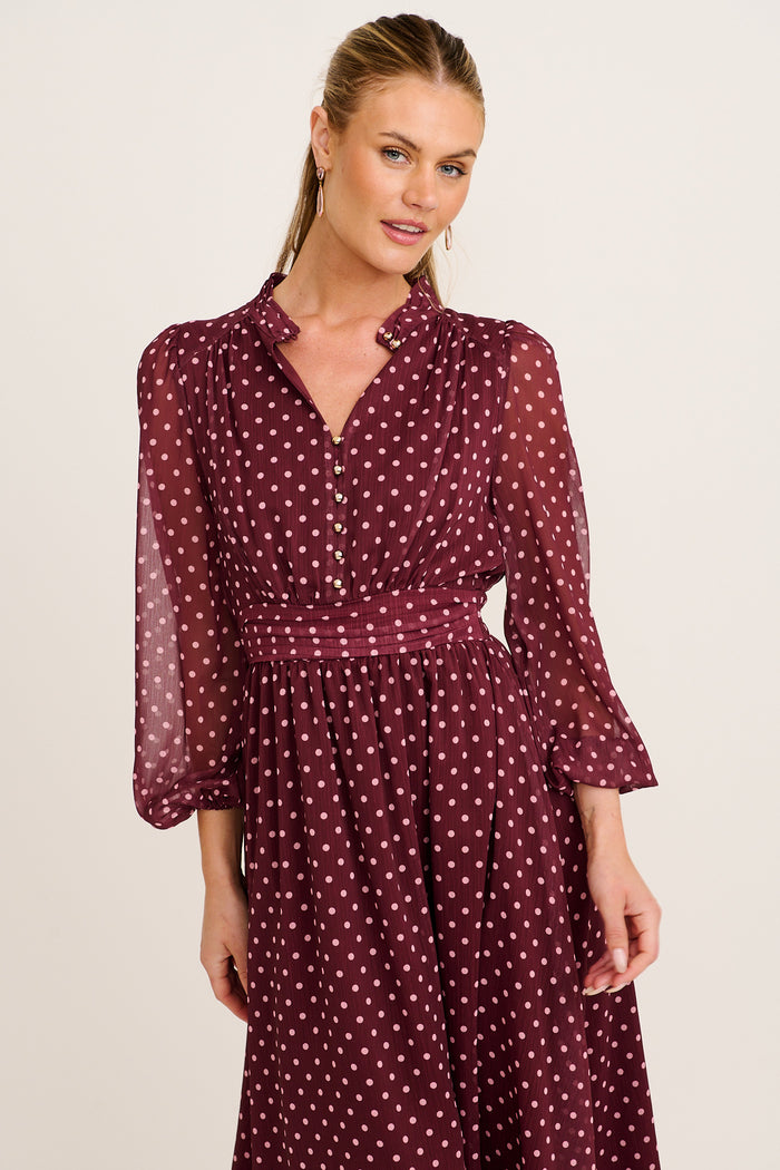 Lustre Midi Dress In Burgundy Polka Dot Chiffon front