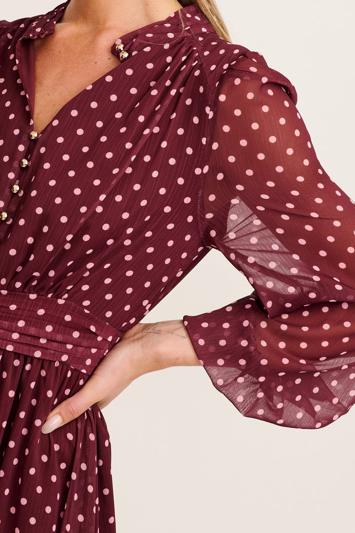 Lustre Midi Dress In Burgundy Polka Dot Chiffon detail