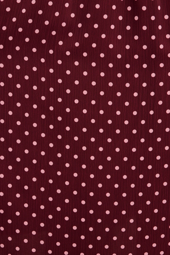 Lustre Midi Dress In Burgundy Polka Dot Chiffon fabric
