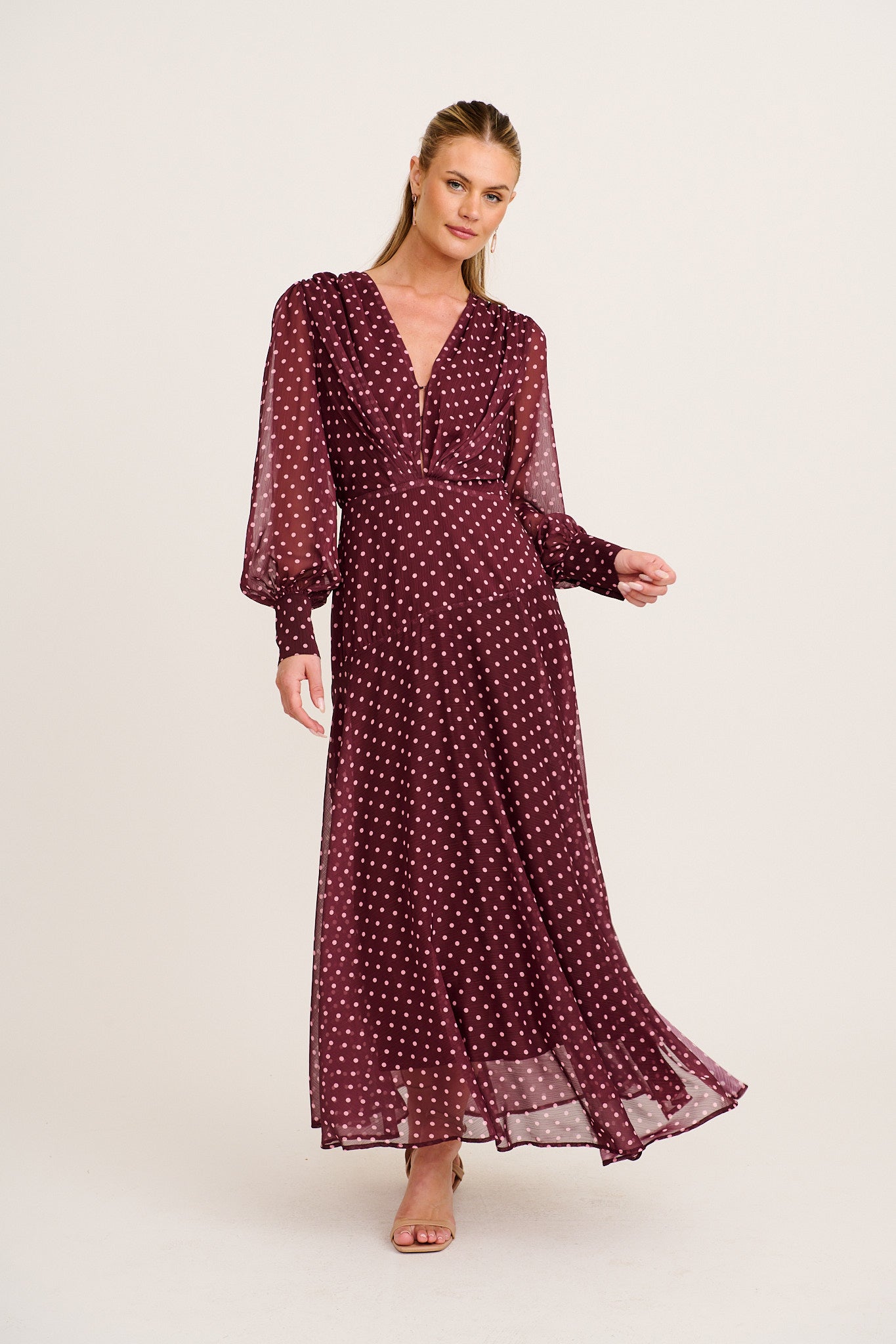 Martina Maxi Dress in Burgundy Polka Dot Chiffon full length