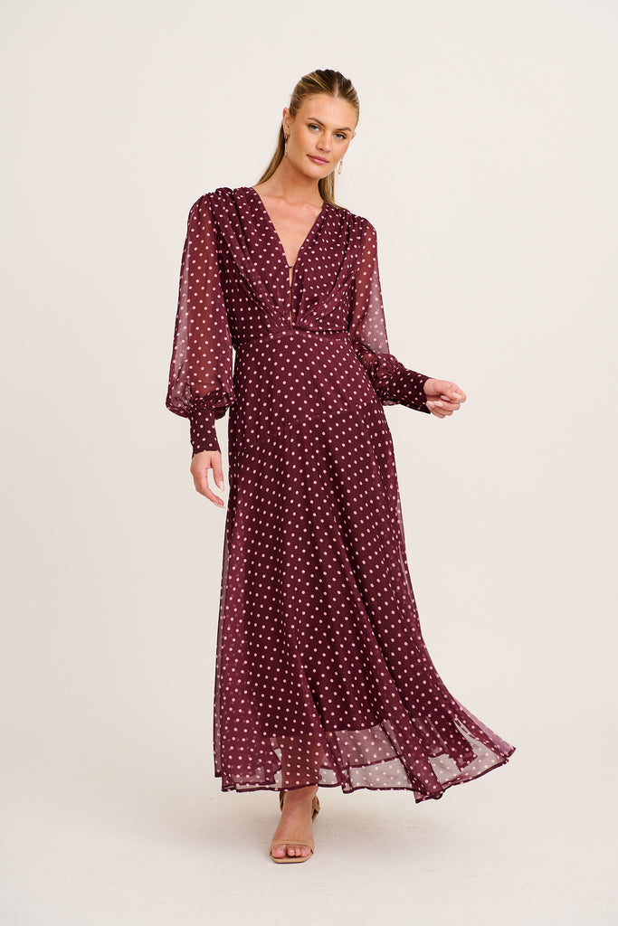 Martina Maxi Dress in Burgundy Polka | St Frock Martina Maxi Dress in Burgundy Polka | St Frock