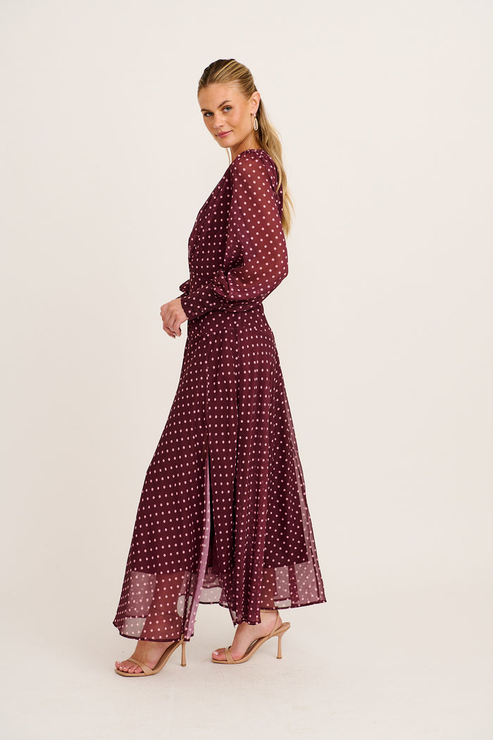 Martina Maxi Dress in Burgundy Polka Dot Chiffon side