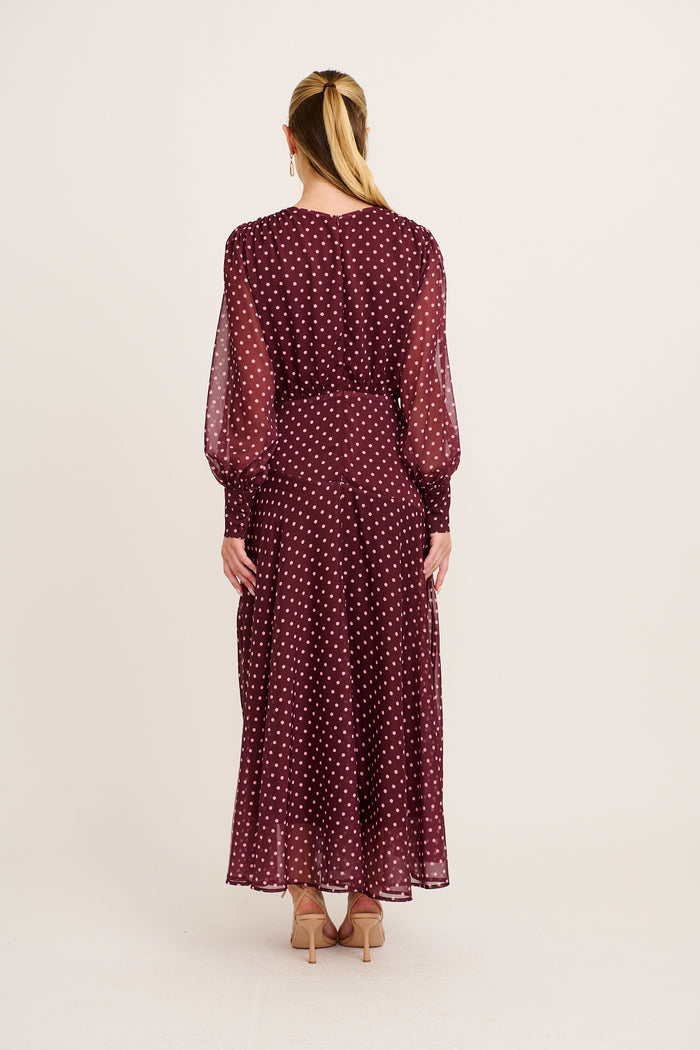Martina Maxi Dress in Burgundy Polka Dot Chiffon back