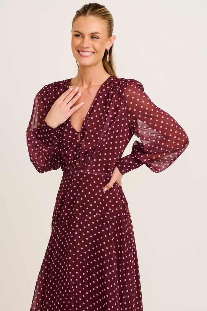Martina Maxi Dress in Burgundy Polka Dot Chiffon front