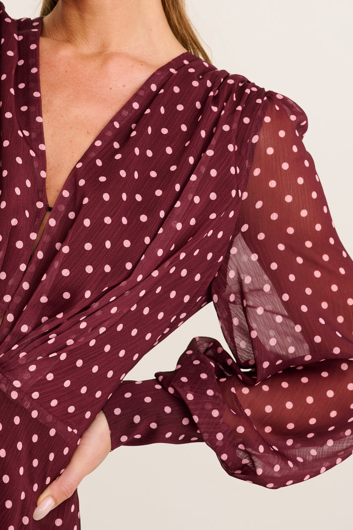 Martina Maxi Dress in Burgundy Polka Dot Chiffon detail