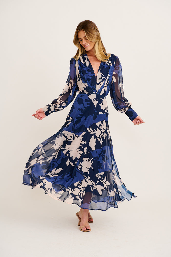 Martina Maxi Dress in Navy and Blue Floral Chiffon
