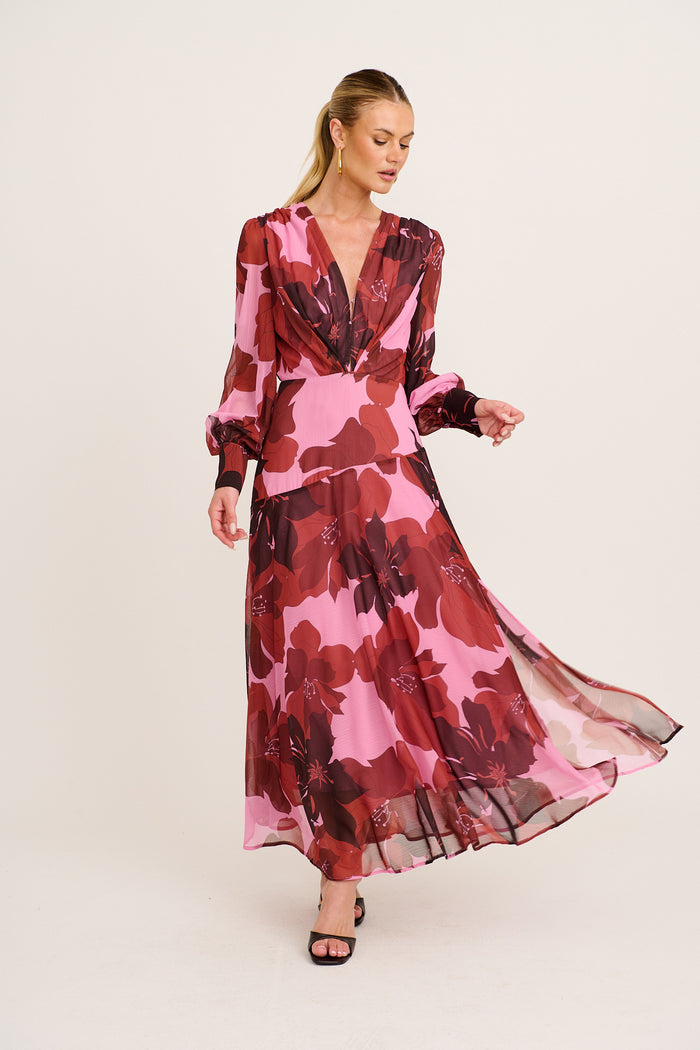 Martina Maxi Dress in Pink and Red Floral Chiffon