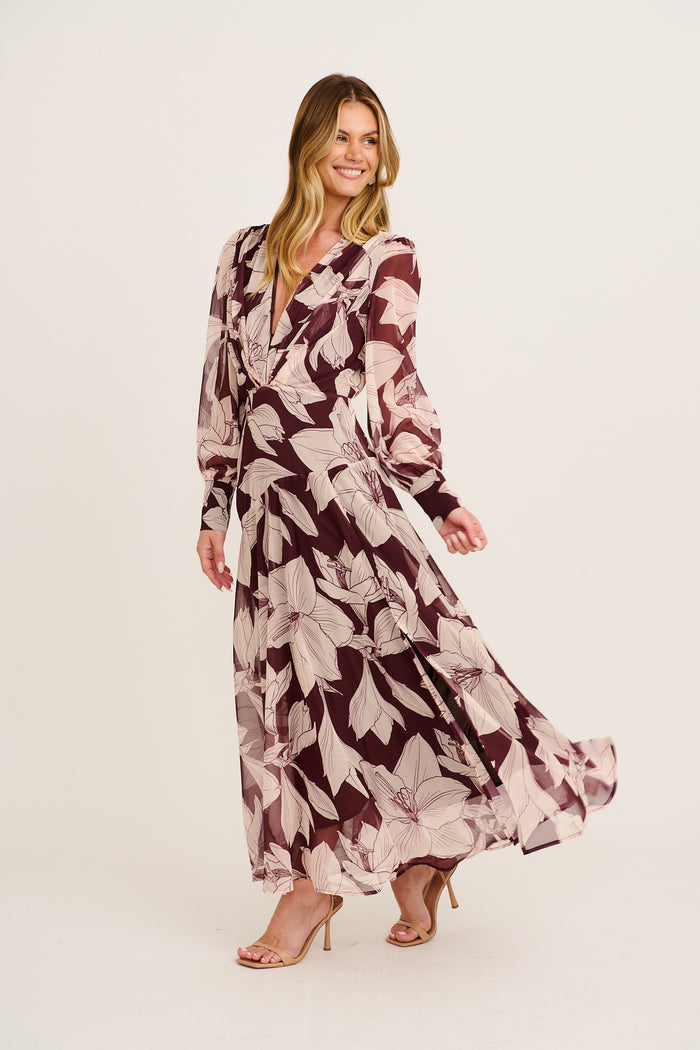 Martina Maxi Dress in Burgundy and Cream Floral Chiffon side