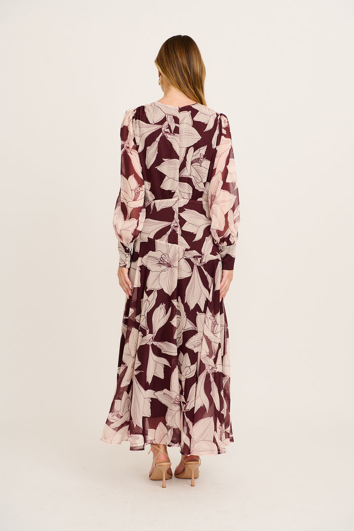Martina Maxi Dress in Burgundy and Cream Floral Chiffon back