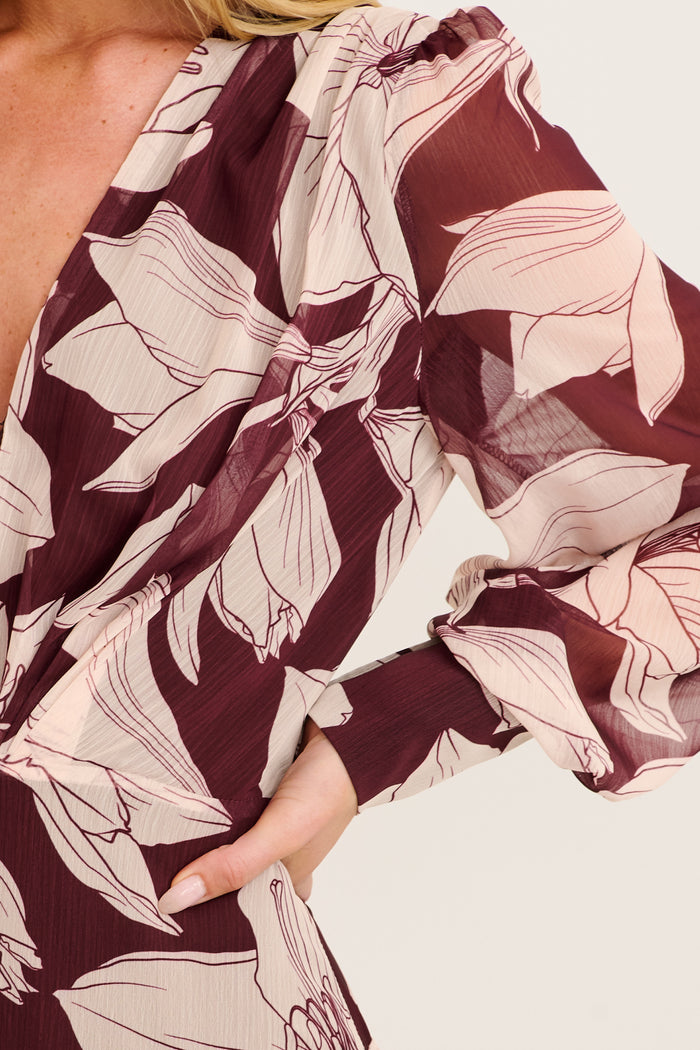 Martina Maxi Dress in Burgundy and Cream Floral Chiffon detail