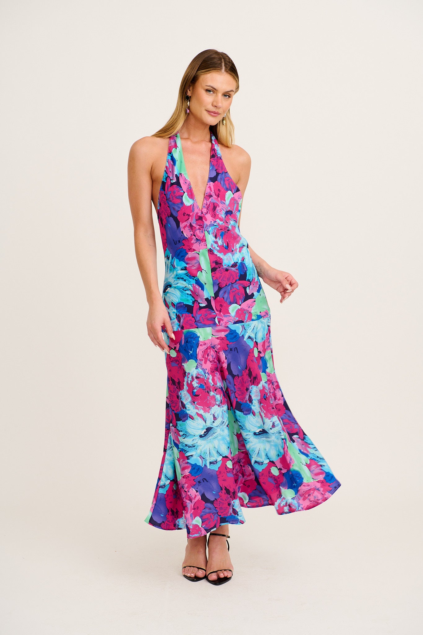 Glaze Halter Neck Maxi Dress in Multi Watercolour Satin full length