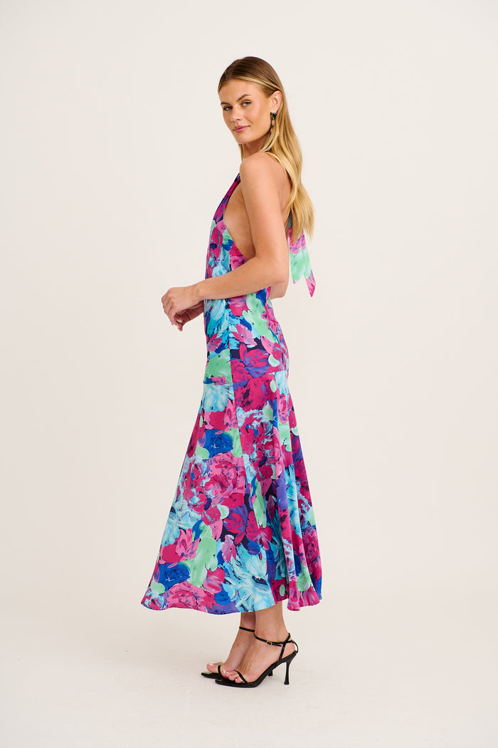 Glaze Halter Neck Maxi Dress in Multi Watercolour Satin side