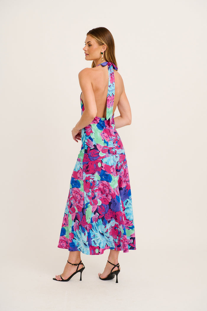 Glaze Halter Neck Maxi Dress in Multi Watercolour Satin back