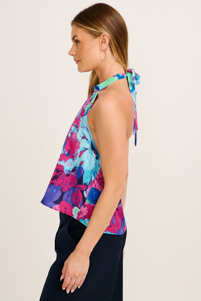 Soulmate Halter Neck Top in Multi Watercolour Satin side