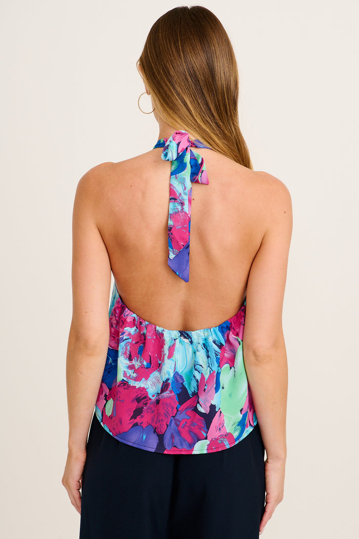Soulmate Halter Neck Top in Multi Watercolour Satin back