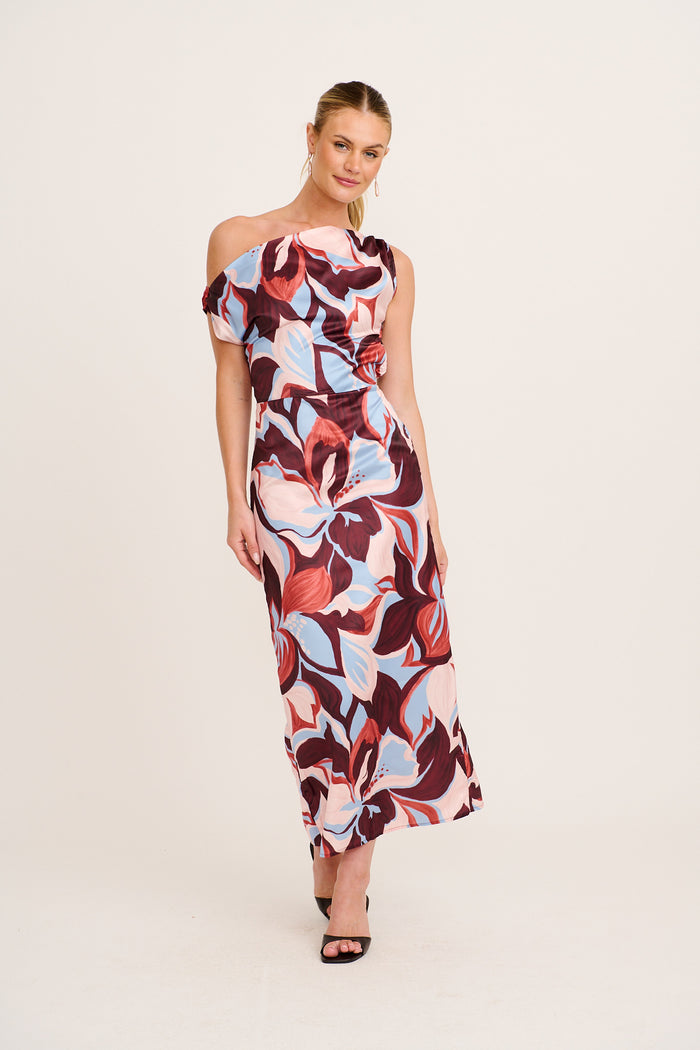 Moonlily One Shoulder Maxi Dress in Wine with Cream Floral Satin full length