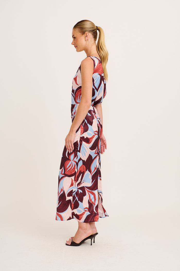 Moonlily One Shoulder Maxi Dress in Wine with Cream Floral Satin side