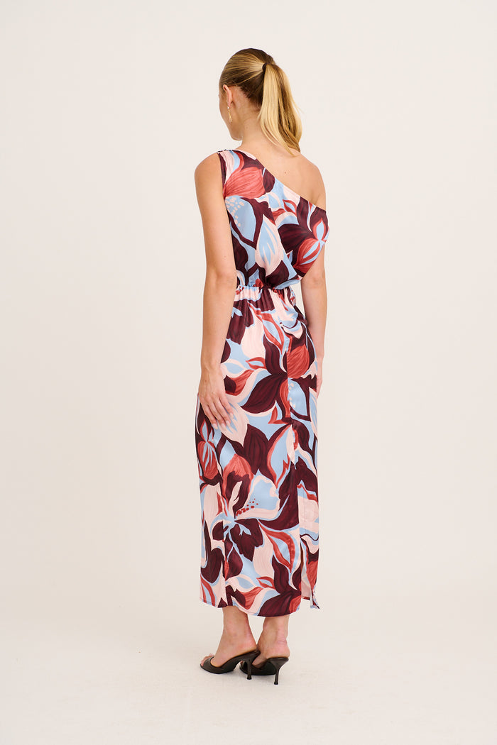 Moonlily One Shoulder Maxi Dress in Wine with Cream Floral Satin back