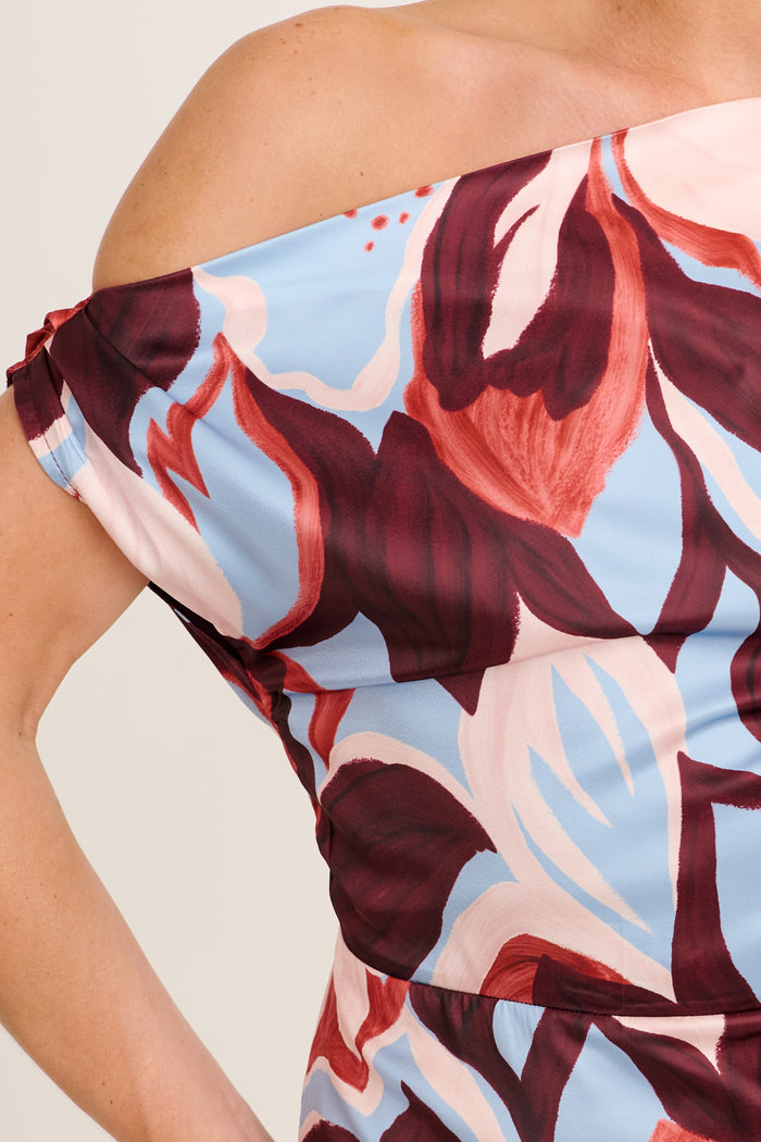 Moonlily One Shoulder Maxi Dress in Wine with Cream Floral Satin detail