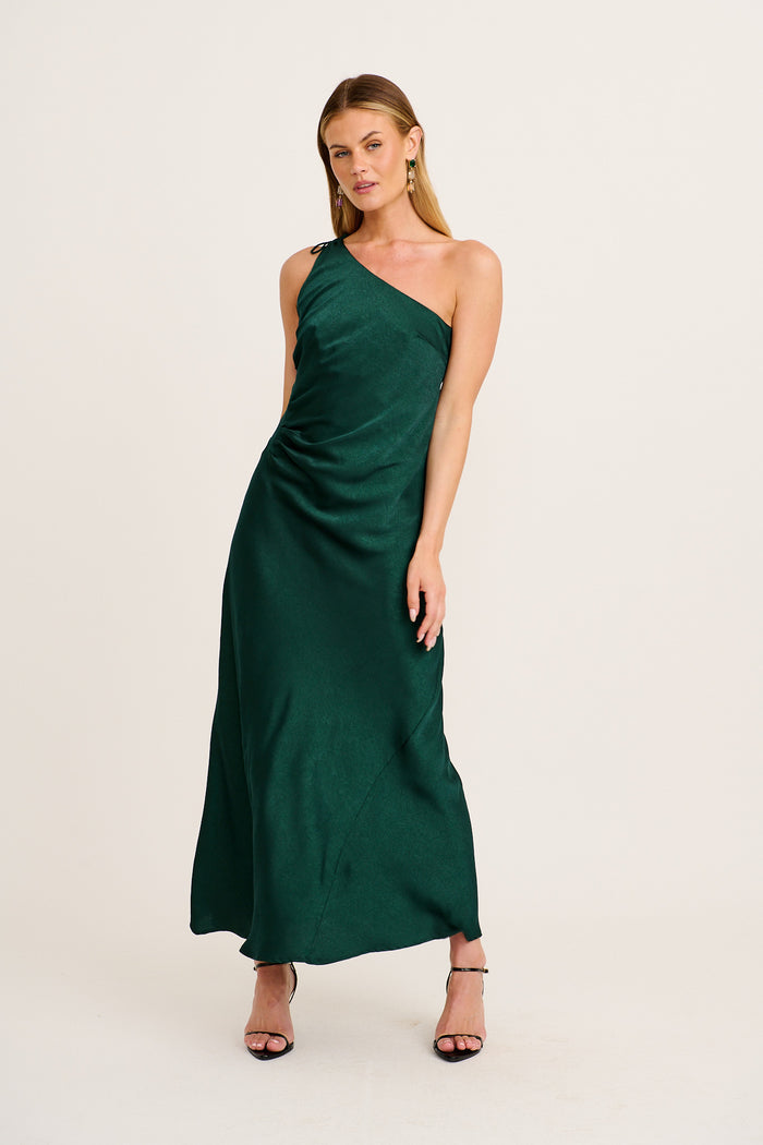 Polished Affair One Shoulder Maxi Dress in Emerald Satin full length