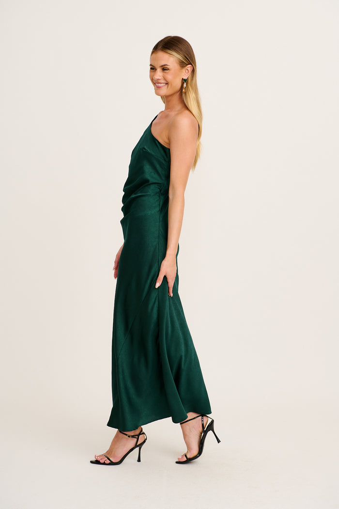 Polished Affair One Shoulder Maxi Dress in Emerald Satin side
