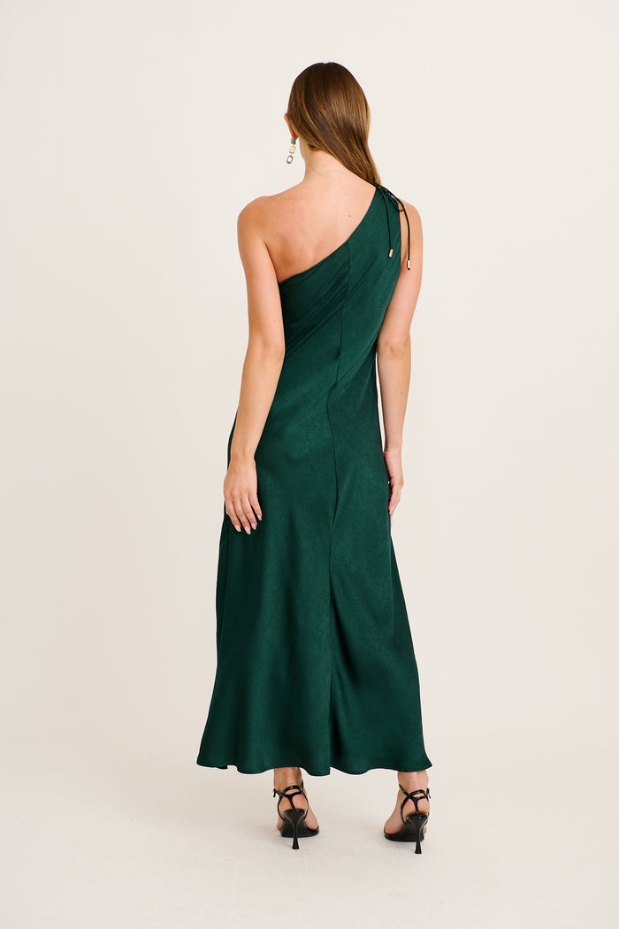 Polished Affair One Shoulder Maxi Dress in Emerald Satin back