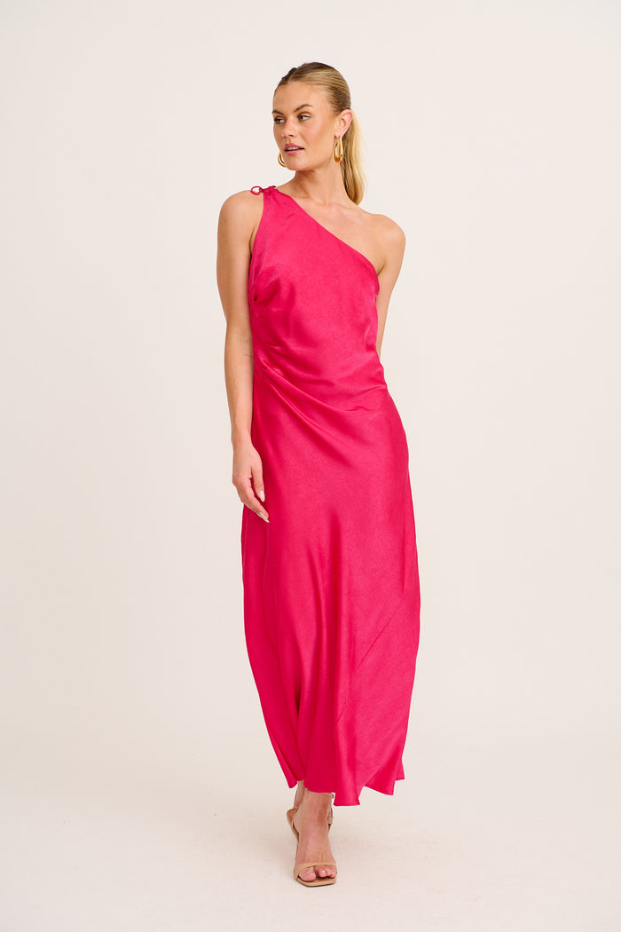 Polished Affair One Shoulder Maxi Dress in Pink Satin full length