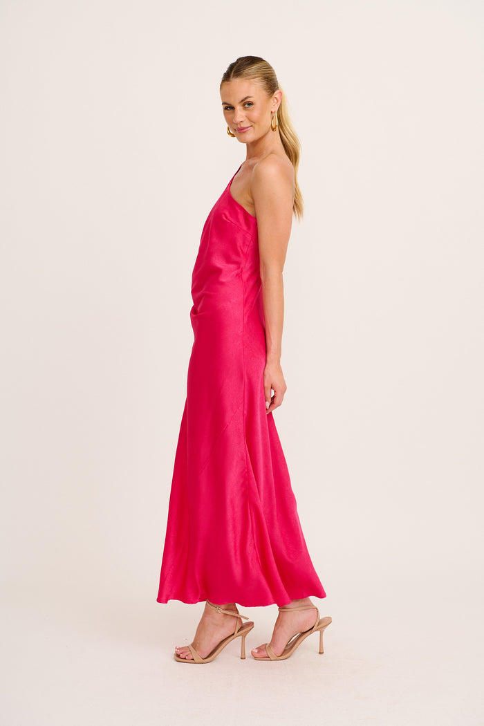 Polished Affair One Shoulder Maxi Dress in Pink Satin side