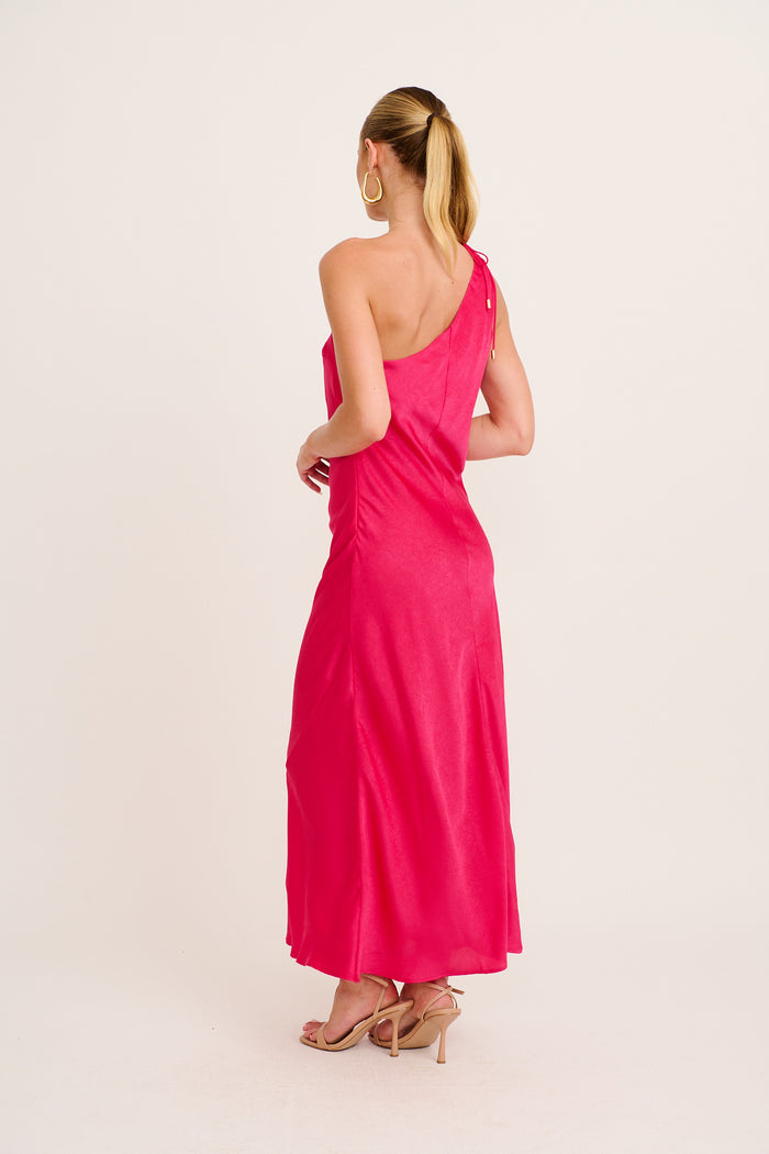 Polished Affair One Shoulder Maxi Dress in Pink Satin back