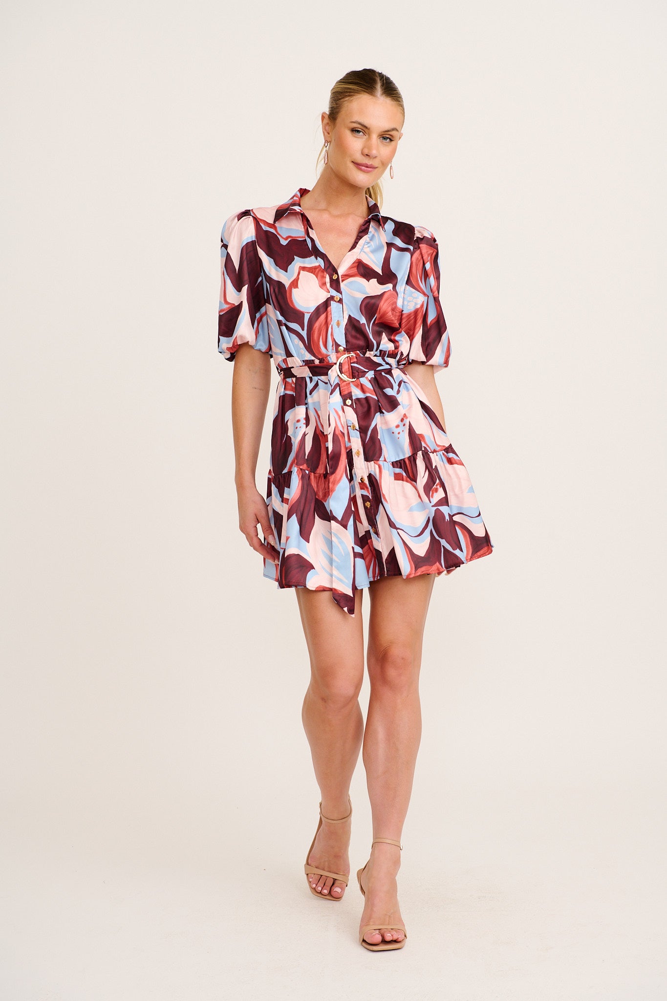 Evening Shine Shirt Dress in Wine with Cream Floral Satin full length