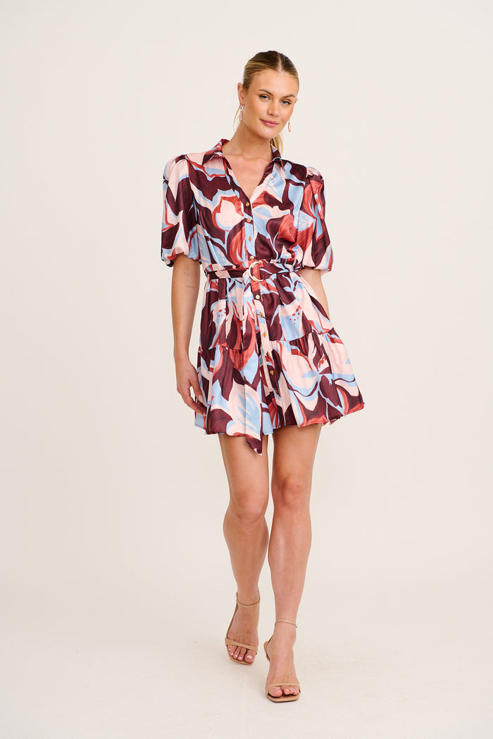 Evening Shine Shirt Dress in Wine with Cream Floral Satin full length