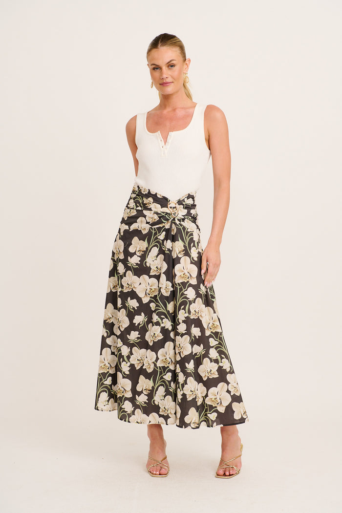 Dusk to Dawn Maxi Skirt in Green Floral Print Cotton full length