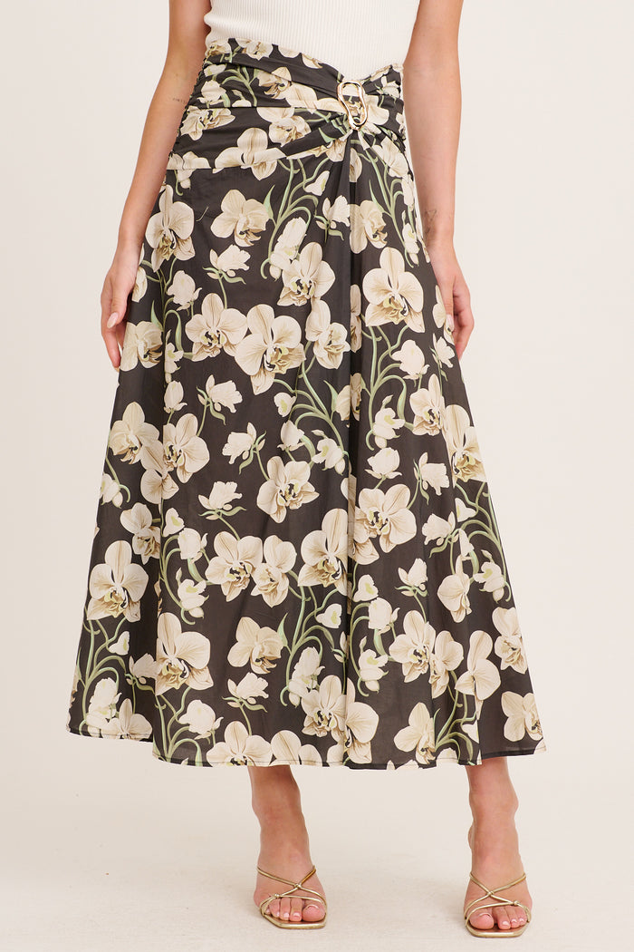 Dusk to Dawn Maxi Skirt in Green Floral Print Cotton front