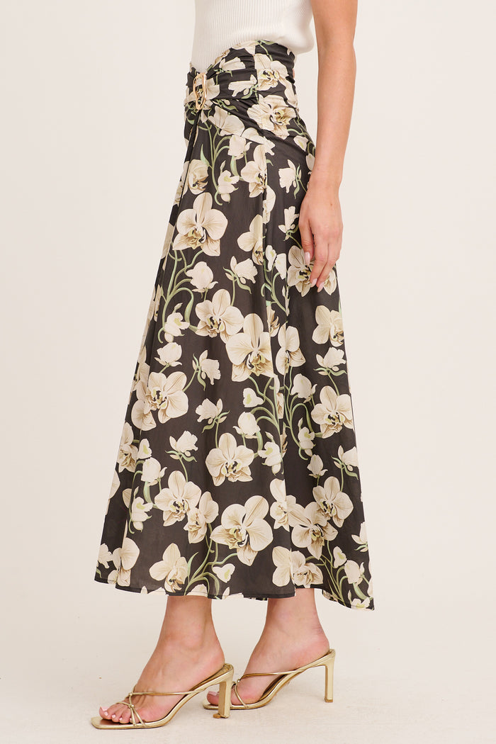 Dusk to Dawn Maxi Skirt in Green Floral Print Cotton side