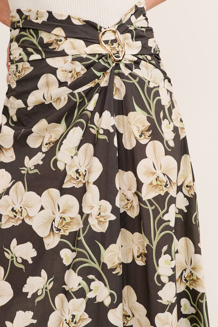 Dusk to Dawn Maxi Skirt in Green Floral Print Cotton detail