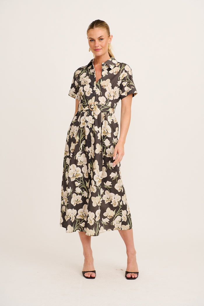 Mystery Midi Shirt Dress in Green Floral Print Cotton full length