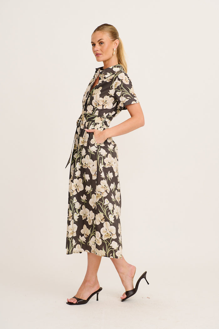 Mystery Midi Shirt Dress in Green Floral Print Cotton side